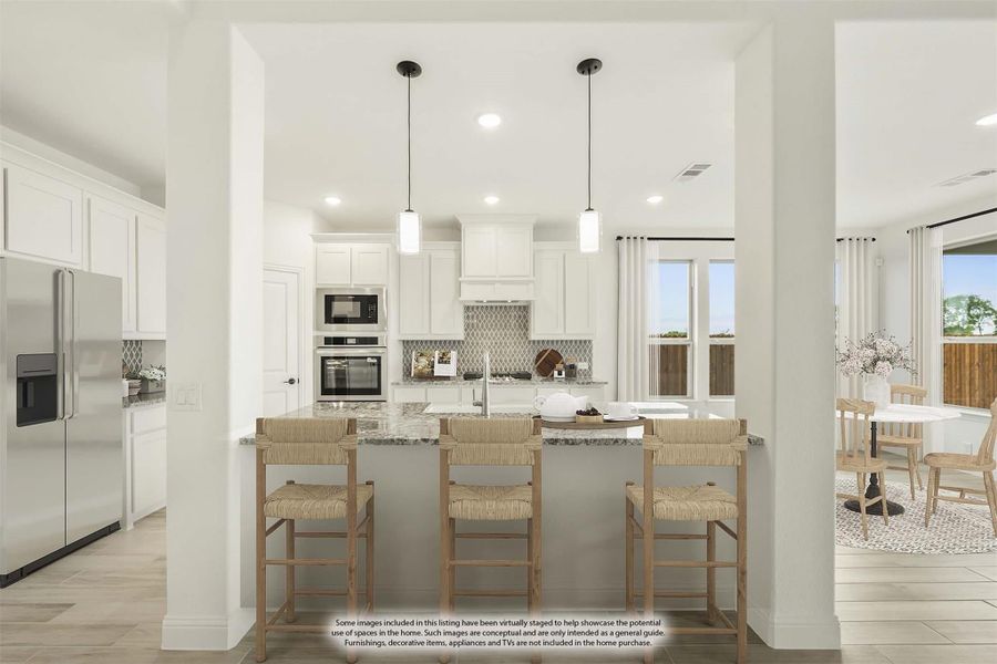 Kitchen island with three bar stools, white cabinets, granite countertops, and stainless steel appliances Kitchen island with three bar stools, white cabinets, granite countertops, and stainless steel appliances