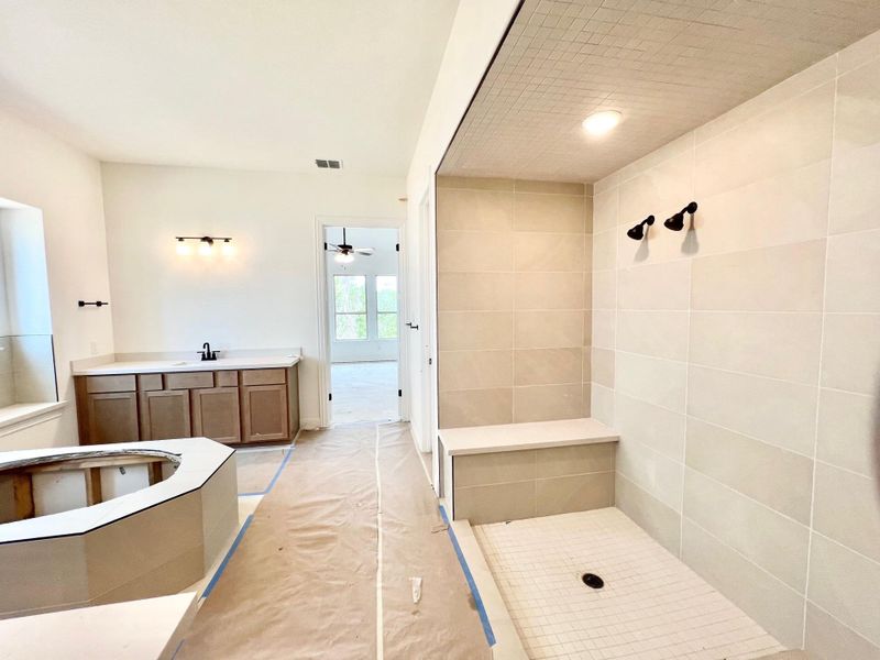 Full bathroom featuring tiled shower, a ceiling fan, vanity, and a garden tub Full bathroom featuring tiled shower, a ceiling fan, vanity, and a garden tub
