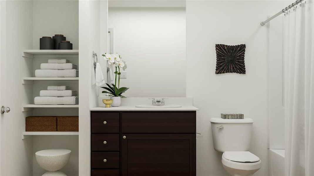 Full bathroom with vanity, toilet, and shower / tub combo