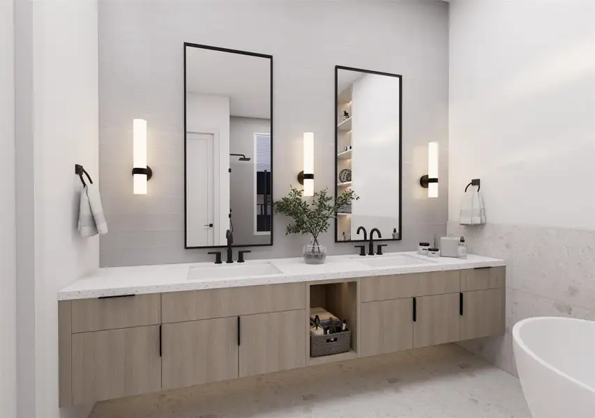 A spa-inspired primary bath featuring a sleek double vanity, floating cabinetry, modern black fixtures, and soft designer lighting for a clean, calming feel.