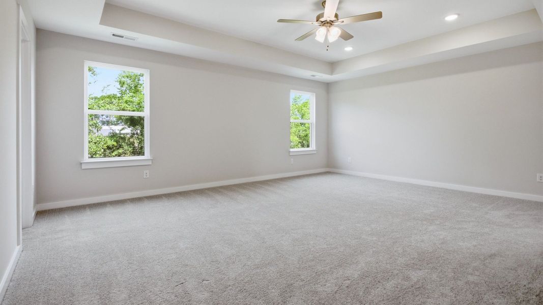 Bedroom with tray ceiling, windows, and ceiling fan Bedroom with tray ceiling, windows, and ceiling fan