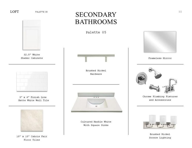 Loft Look Palette 5: Secondary Bathrooms Selection Sheet (*Artist rendering used for illustration purposes only.)