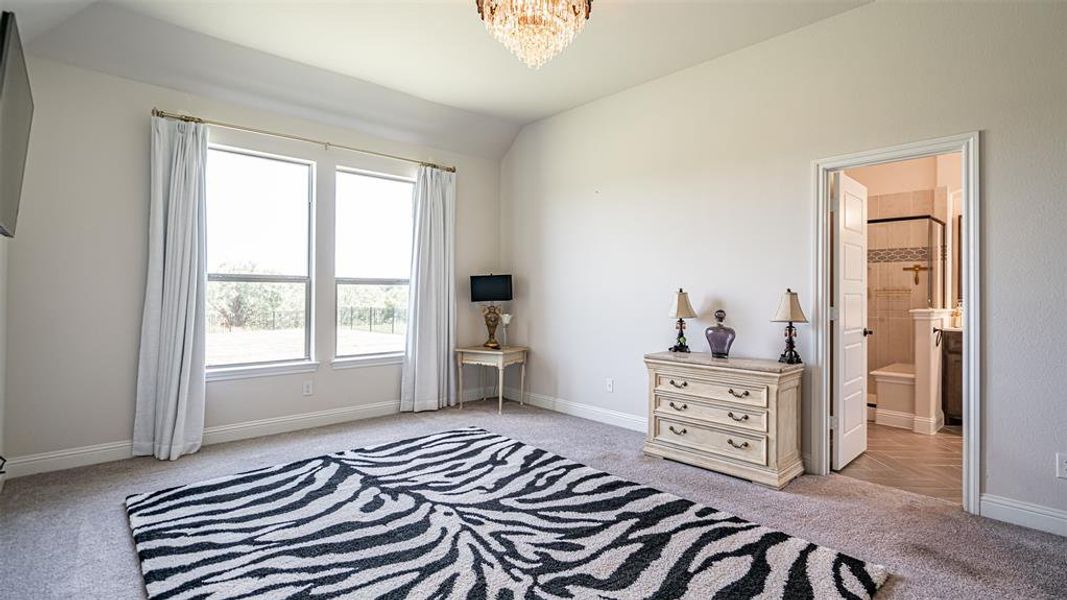 Spacious carpeted room featuring a crystal chandelier, abundant natural light from multiple windows, and a doorway leading to a tiled bathroom with a shower