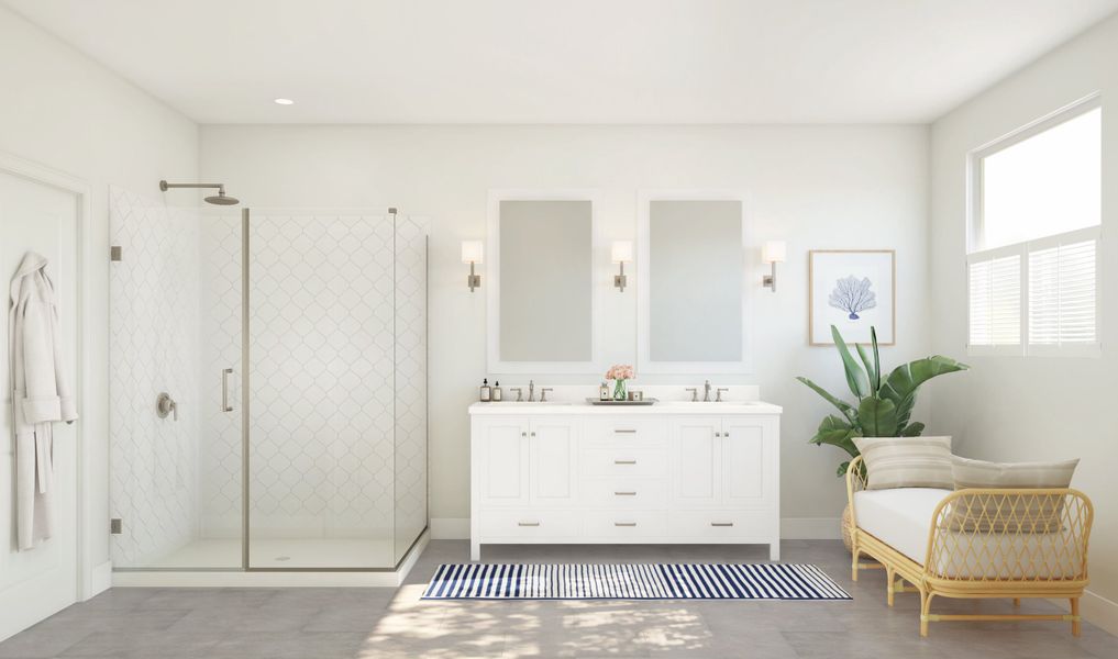 Primary bath with white quartz vanities