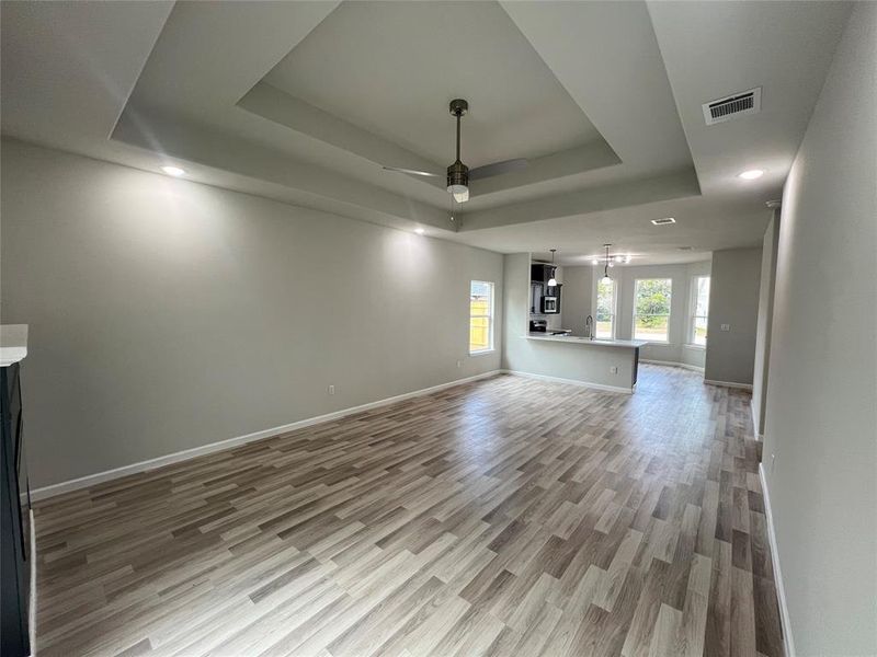 Unfurnished living room with light hardwood / wood-style floors, a raised ceiling, and ceiling fan