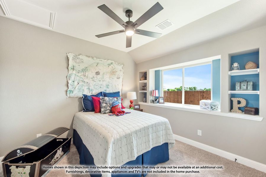 Children's bedroom with vaulted ceiling, ceiling fan, built-in shelves, and large window