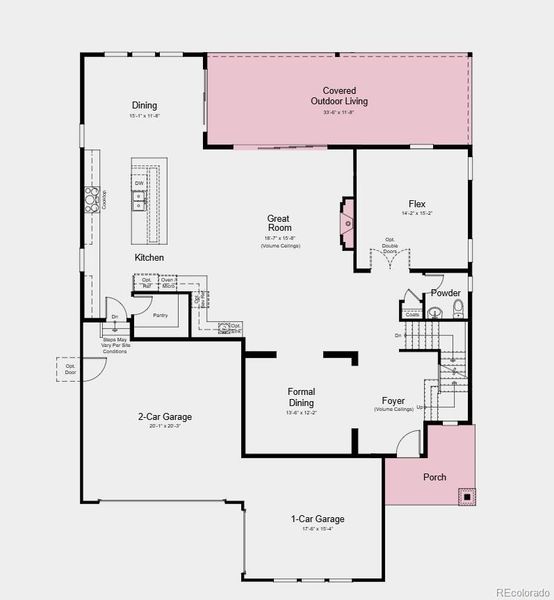 First Floor Plan - Additional Highlights Include: covered back patio, enlarged shower in the primary bath, French doors into the flex, sliding glass doors, traditional fireplace, and finished walk-out basement