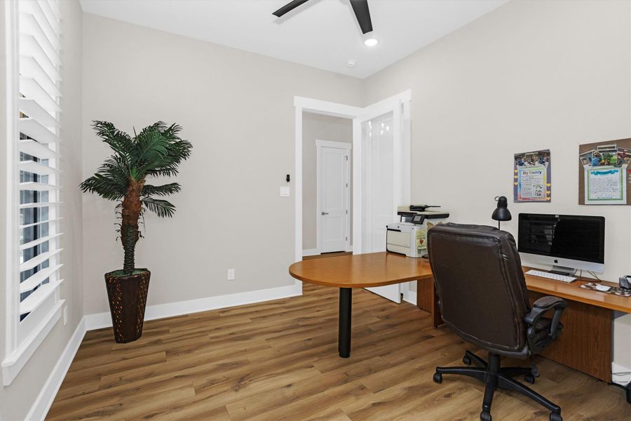 Private home office with large windows