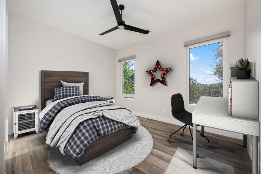 Bedroom featuring hardwood / wood-style floors and ceiling fan