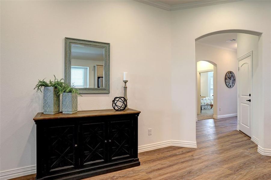 Hall featuring ornamental molding and wood-type flooring