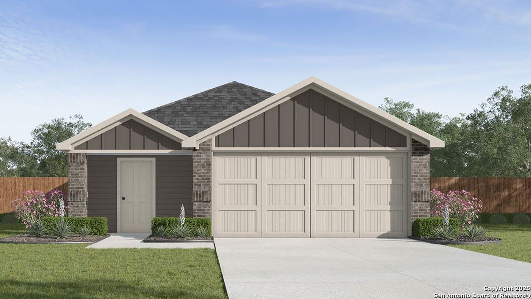 Front exterior of a new home in Sereno Springs, Converse, TX, highlighting curb appeal (Image 1). Front exterior of a new home in Sereno Springs, Converse, TX, highlighting curb appeal (Image 1).