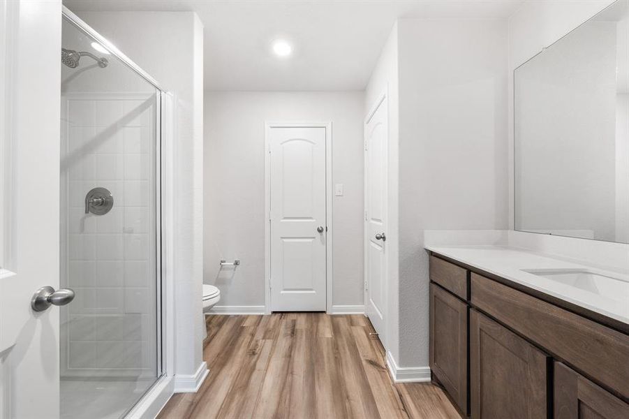 Bathroom with hardwood / wood-style flooring, an enclosed shower, vanity, and toilet