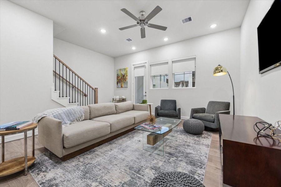 12' high ceilings, LED lighting, Engineered Swiss flooring throughout the home- - Photo is of model at 6340, finishes are similar. 12' high ceilings, LED lighting, Engineered Swiss flooring throughout the home- - Photo is of model at 6340, finishes are similar.