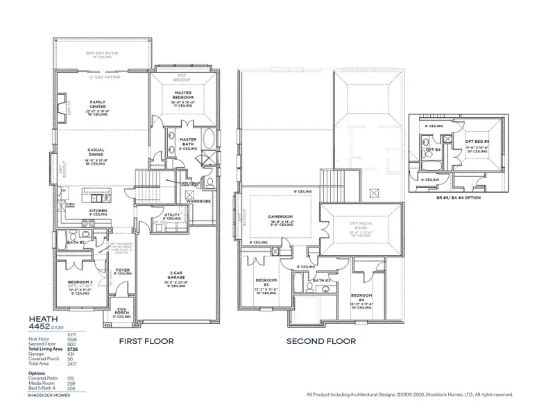 2D floor plan layout for the Heath - SH 4452 by Shaddock Homes in Solterra Texas, Mesquite, TX (Image 4).