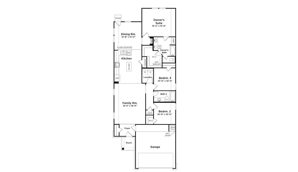 2D floor plan layout for the Juniper by First America Homes in Cielo, Cut and Shoot, TX (Image 3).