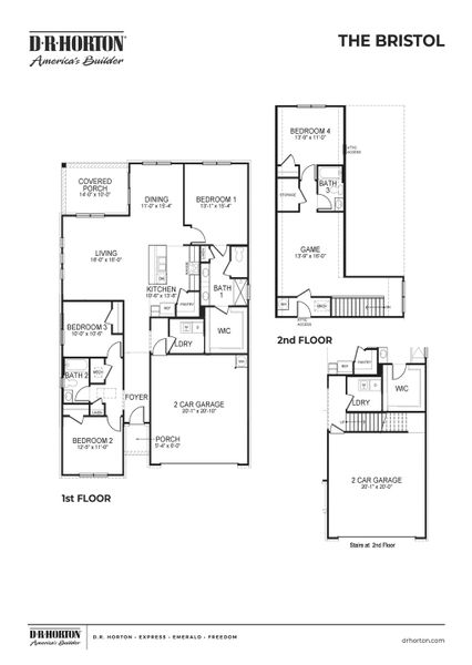 2D floor plan layout for the Bristol Bonus by D.R. Horton in Riverwood Gardens, Oakland, TN (Image 3).