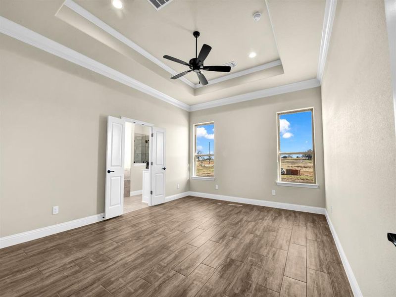 Spare room with ceiling fan, a tray ceiling, and crown molding