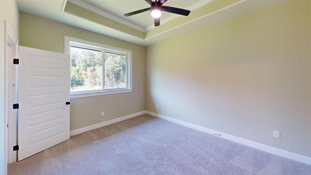 Spare room featuring ceiling fan, a raised ceiling, light colored carpet, and baseboards