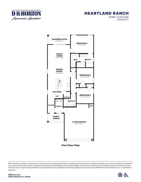 2D floor plan layout for the Amber by D.R. Horton in Heartland Ranch, Coolidge, AZ (Image 5).