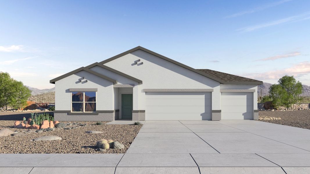 Front exterior of a new home in Sycamore Vista, Vail, AZ, highlighting curb appeal (Image 1).
