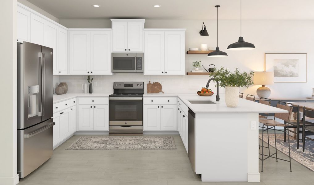 Kitchen with pendant lights & floating shelves