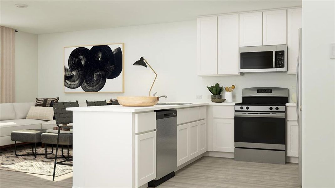 Kitchen featuring kitchen peninsula, white cabinetry, light hardwood / wood-style floors, and appliances with stainless steel finishes