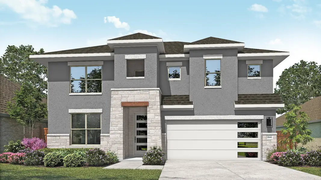 Representative exterior photo of a completed home built from the Magnolia by DRB Homes in Whisper South, San Marcos, TX (Image 8). Representative exterior photo of a completed home built from the Magnolia by DRB Homes in Whisper South, San Marcos, TX (Image 8).