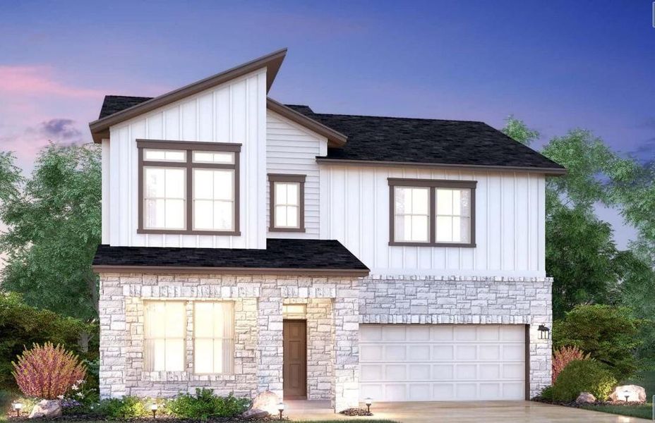 Front exterior of a new home in Estancia West, Manchaca, TX, highlighting curb appeal (Image 2).