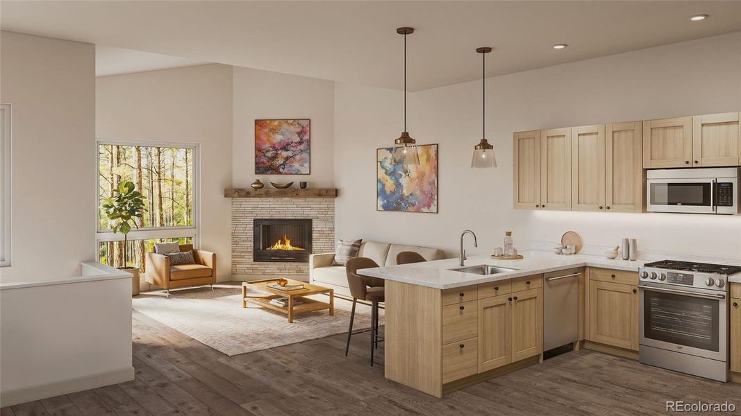 Rendering of the kitchen and living area Rendering of the kitchen and living area