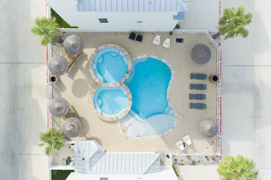 Aerial view of a pool area Aerial view of a pool area