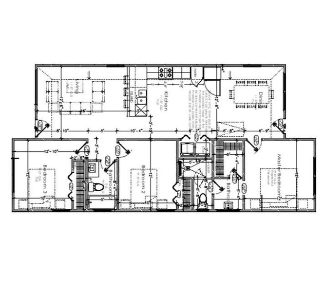 One-story home entry is on the left side of the design with dimension layout.