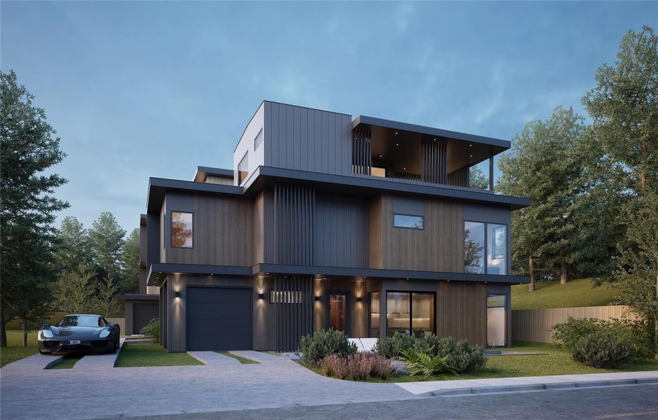Contemporary house featuring driveway, a balcony, and a garage Contemporary house featuring driveway, a balcony, and a garage
