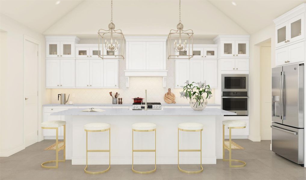 Stunning island kitchen with white stacked cabinets and quartz counters (*Artist rendering used for illustration purposes only.)