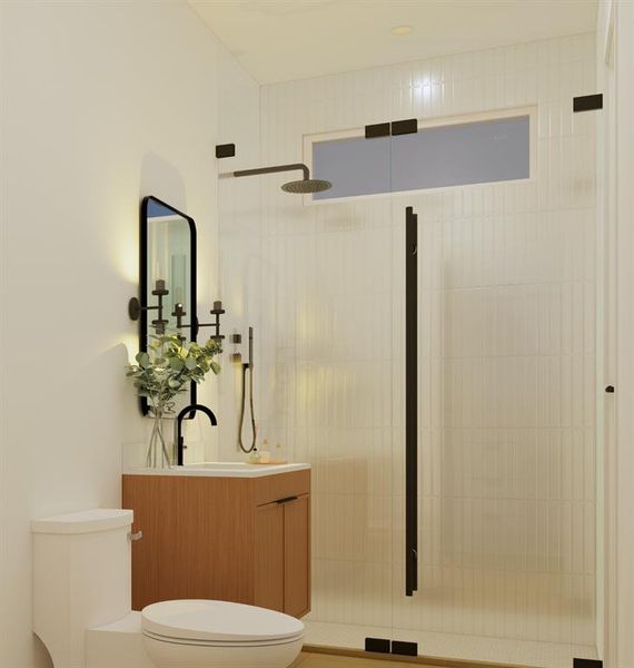 Full bath featuring vanity and a shower stall