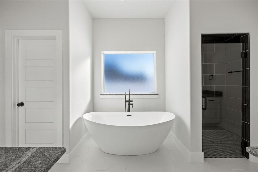 Full bath with a shower stall, a freestanding tub, and tile patterned floors