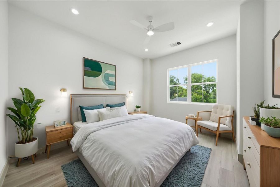 Virtually staged - Primary bedroom with tall 11' ceilings (and 11' throughout the home!). NO CARPET in this home! Note the bedside sconces pre-wired by the headboard! Virtually staged - Primary bedroom with tall 11' ceilings (and 11' throughout the home!). NO CARPET in this home! Note the bedside sconces pre-wired by the headboard!