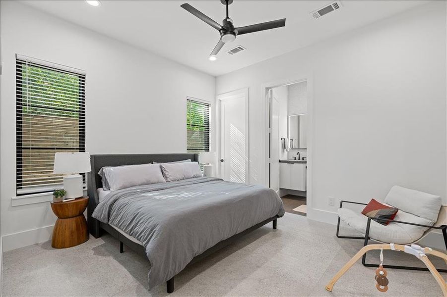 2nd Primary bedroom featuring recessed lighting, ceiling fan, and connected bathroom