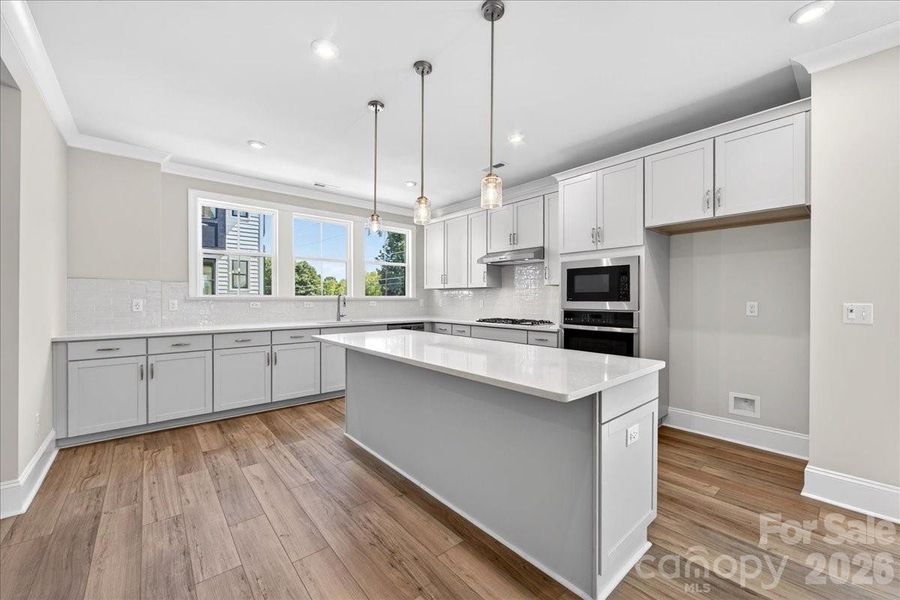 Gourmet kitchen with light gray cabinets and white quartz countertops Gourmet kitchen with light gray cabinets and white quartz countertops