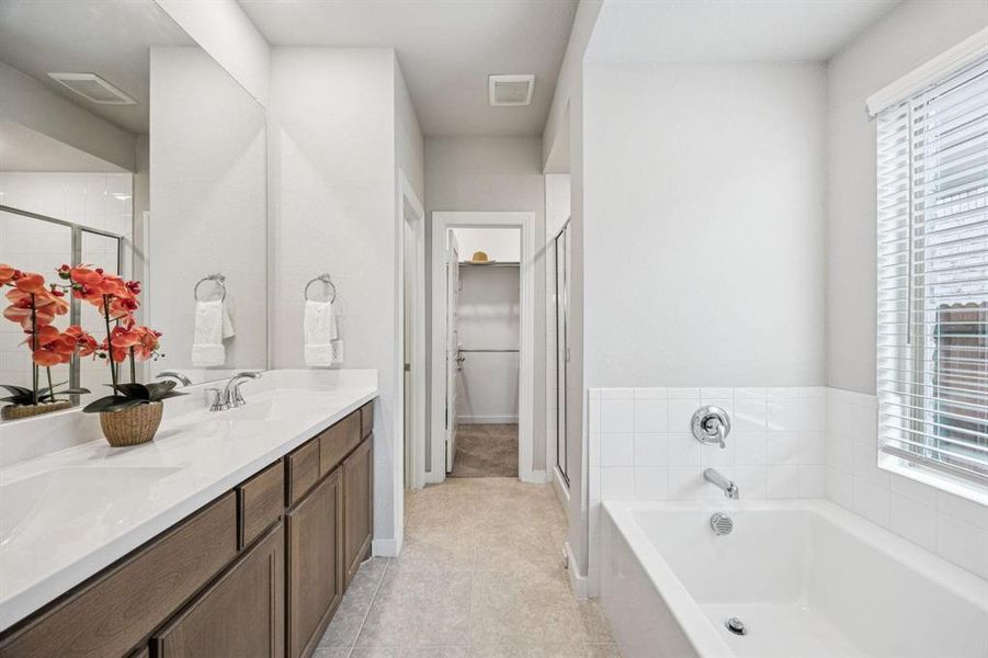 Full bath featuring double vanity, a garden tub, a shower stall, and a spacious closet