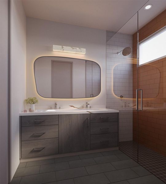 Bathroom featuring double vanity, a shower stall, and light tile patterned floors