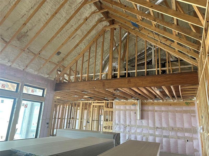 (Photo from April). Foam insulation is included in the attic in Jamestown homes.  With foam insulation applied to the underside of the roof, your attic will be dramatically cooler than with traditional rolled insulation! Ask the sales counselor for more information.