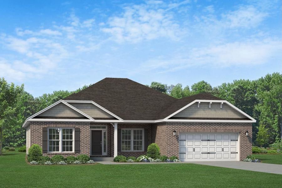 Front exterior of a new home in Hidden Lake Estates, Greenville, SC, highlighting curb appeal (Image 1).