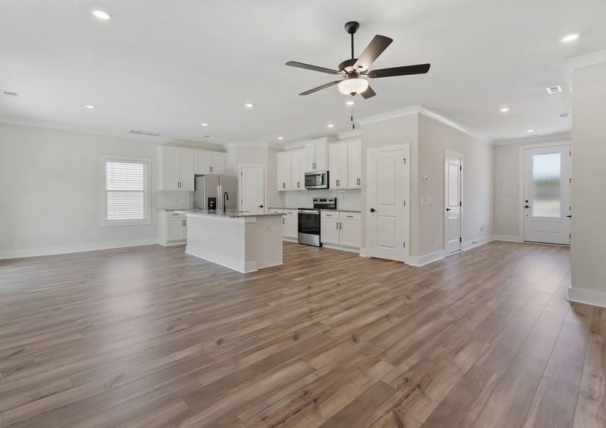 The kitchen overlooks the dining area