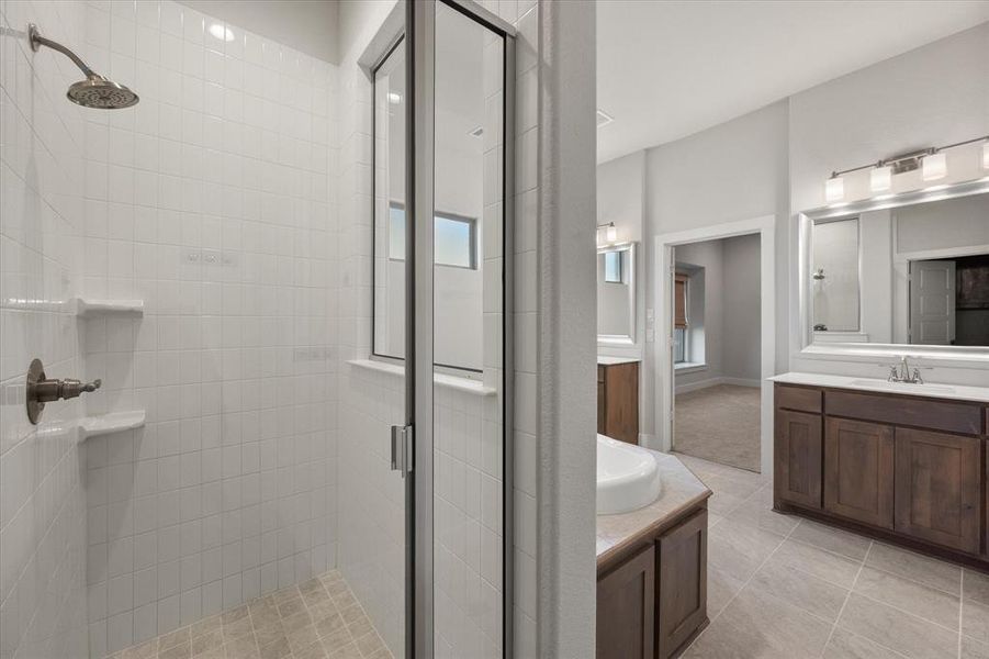 Primary bathroom featuring a nice-sized shower stall and separate vanities.