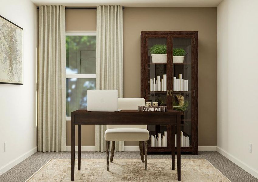 Rendering of the Sabine plan's study
  featuring a desk and decorative storage.