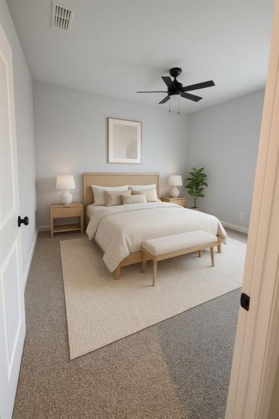 Bedroom featuring carpet and ceiling fan