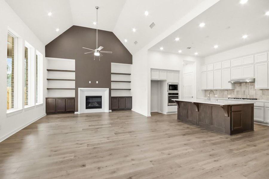 Seamless open layout elevated ceilings, fireplace and built-ins.