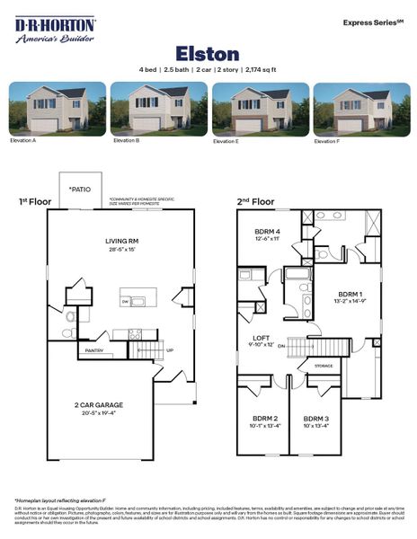 2D floor plan layout for the Elston by D.R. Horton in Hunter Hill, Rocky Mount, NC (Image 3).