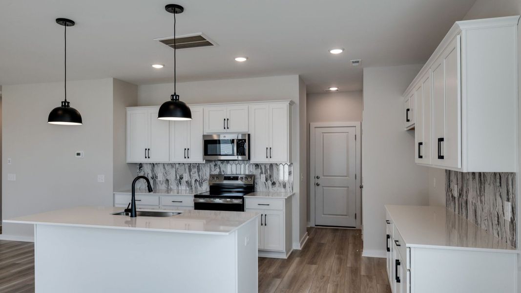 Garage entry next to kitchen and kitchen pantry