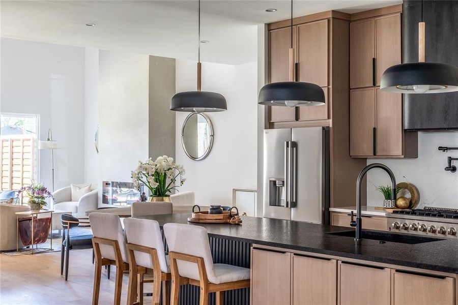 Room for countertop seating in the kitchen.